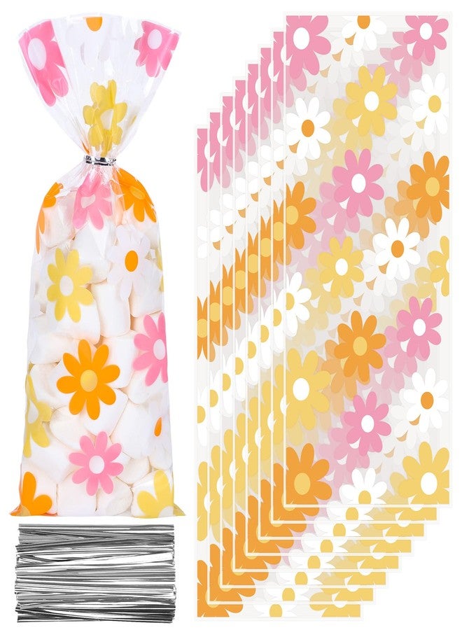 Whaline 100Pcs Groovy Daisy Cellophane Bags with Silver Twist Ties Retro Hippie Boho Party Treat Bag Colorful Flower Plastic Goodie Bags for Daisy Flower Birthday Baby Shower Wedding Party Favor - Image 1